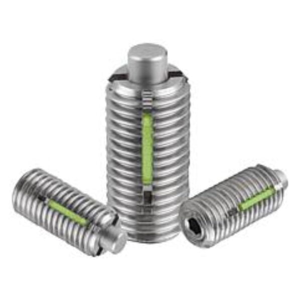 K1380 Kipp spring plungers with hexagon socket and flattened thrust pin, stainless steel, LONG-LOK secured