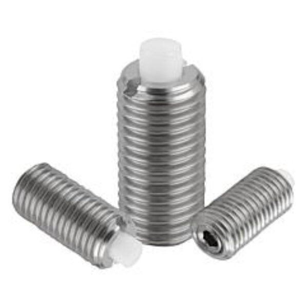 K1381 Kipp spring plungers with hexagon socket and flattened POM thrust pin, stainless steel