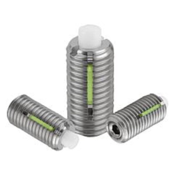 K1382 Kipp spring plungers with hexagon socket and flattened POM thrust pin, stainless steel, LONG-LOK secured