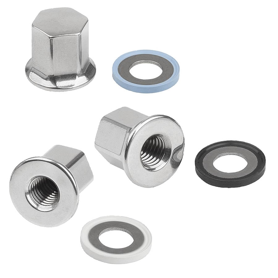 K1594 Kipp Stainless steel cap nuts with collar, seal, shim washer for Hygienic USIT® set